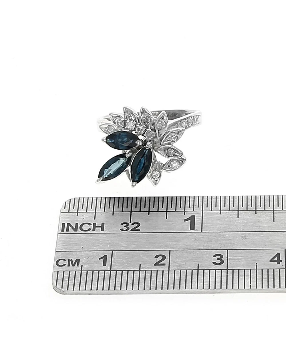Blue Sapphire and Diamond Foliate Motif Ring in White Gold - Image 3