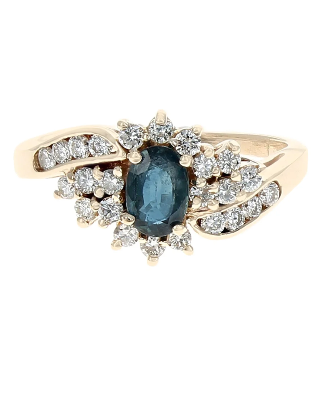 Blue Sapphire and Diamond Halo Bypass Ring in Yellow Gold - Image 2