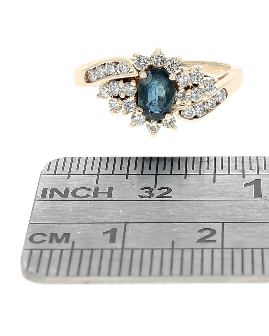 Blue Sapphire and Diamond Halo Bypass Ring in Yellow Gold - Image 3