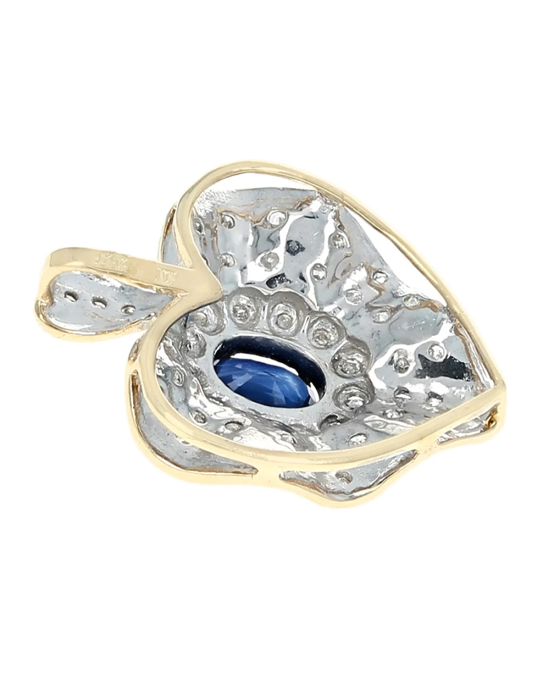 Blue Sapphire and Diamond Halo Heart Pendant in White and Yellow Gold - Image 2