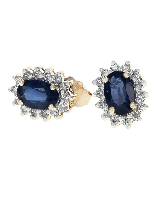 Blue Sapphire and Diamond Halo Stud Earrings in White and Yellow Gold - Image 2