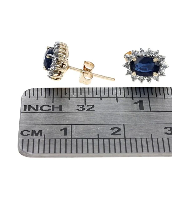 Blue Sapphire and Diamond Halo Stud Earrings in White and Yellow Gold - Image 3