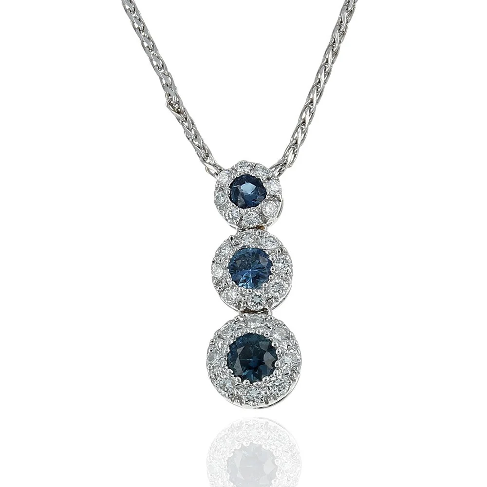 14K White Gold Blue Sapphire and Diamond Halo Triple Drop Necklace