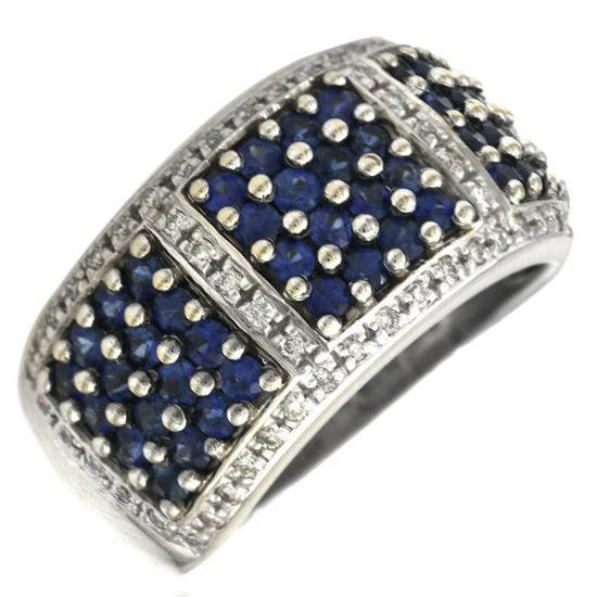 14K White Gold Blue Sapphire and Diamond Pave Wide Band