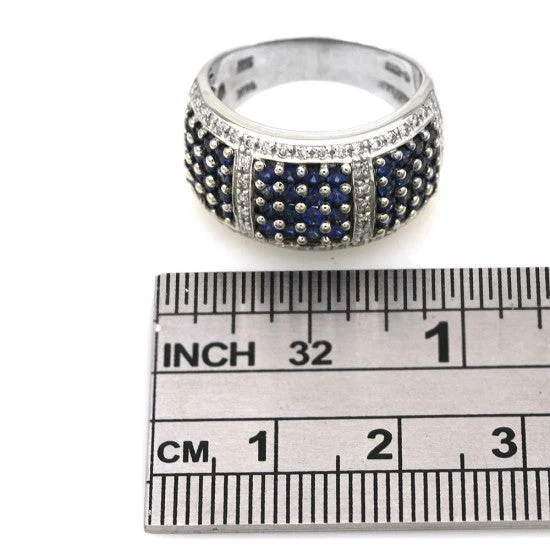 14K White Gold Blue Sapphire and Diamond Pave Wide Band - Image 3