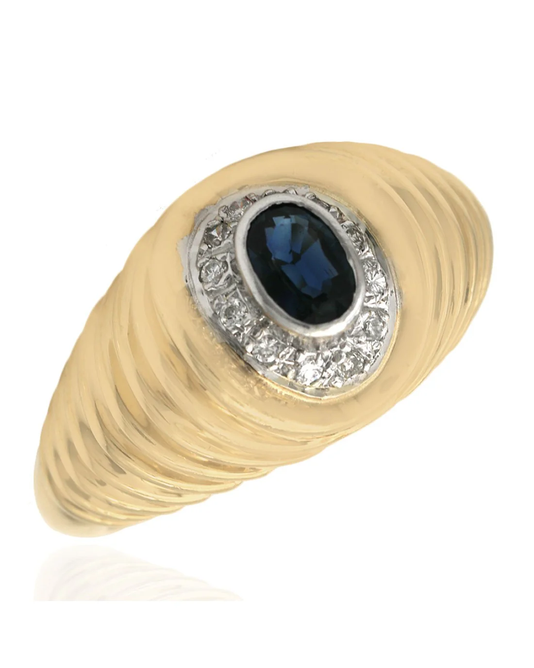 Blue Sapphire and Diamond Ribbed Ring in Yellow Gold