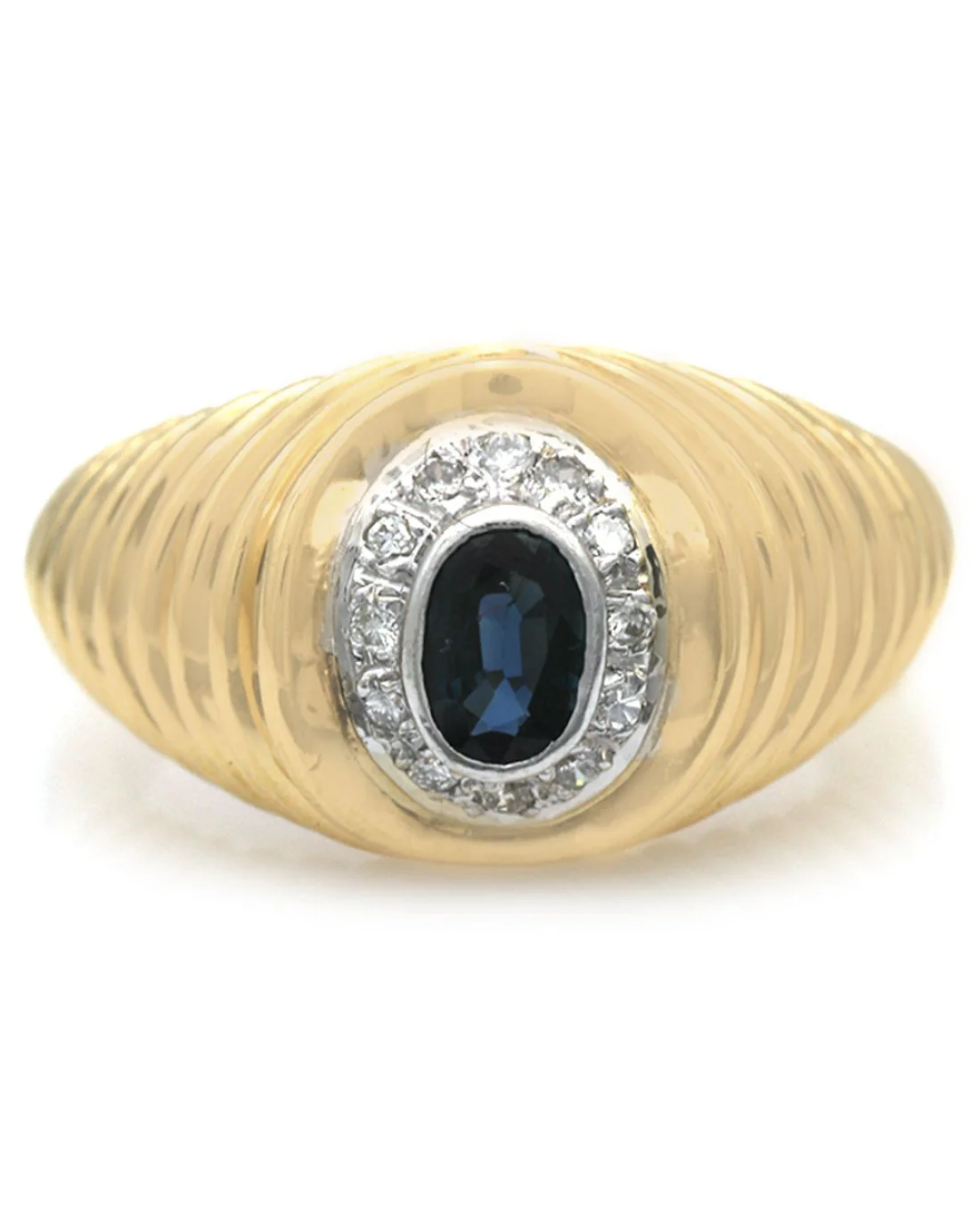 Blue Sapphire and Diamond Ribbed Ring in Yellow Gold - Image 2