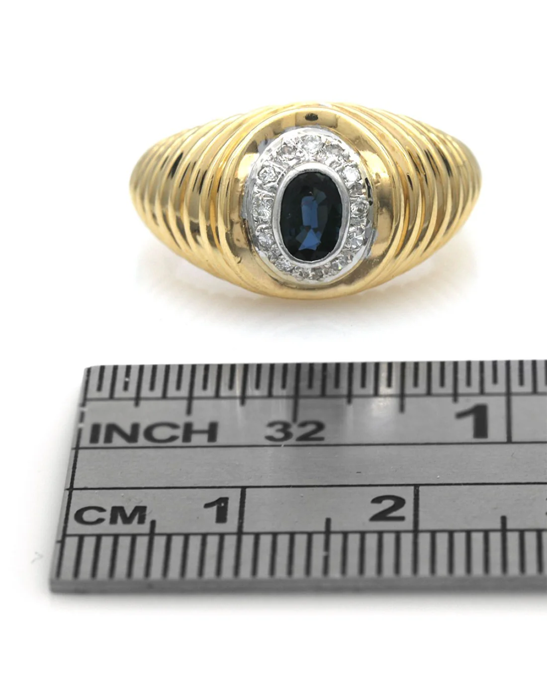 Blue Sapphire and Diamond Ribbed Ring in Yellow Gold - Image 3