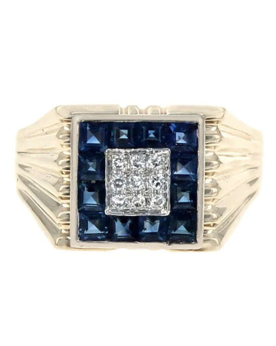 Blue Sapphire and Diamond Square Top Ring - Image 2
