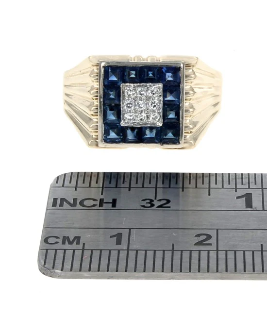 Blue Sapphire and Diamond Square Top Ring - Image 3