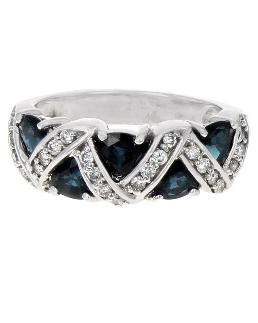 Blue Sapphire and Diamond Tapered Ring in White Gold - Image 2