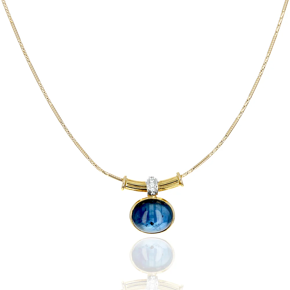 Blue Sapphire Cabochon Diamond Accent Drop on Diamond Cut Chain