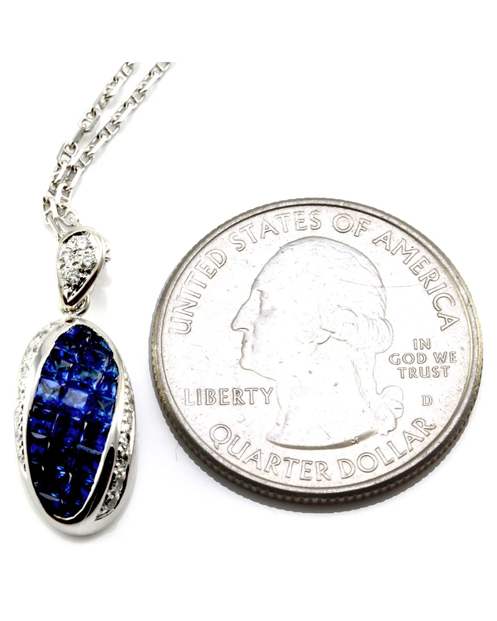 Blue Sapphire & Diamond Pendant in 18K White Gold - Image 3