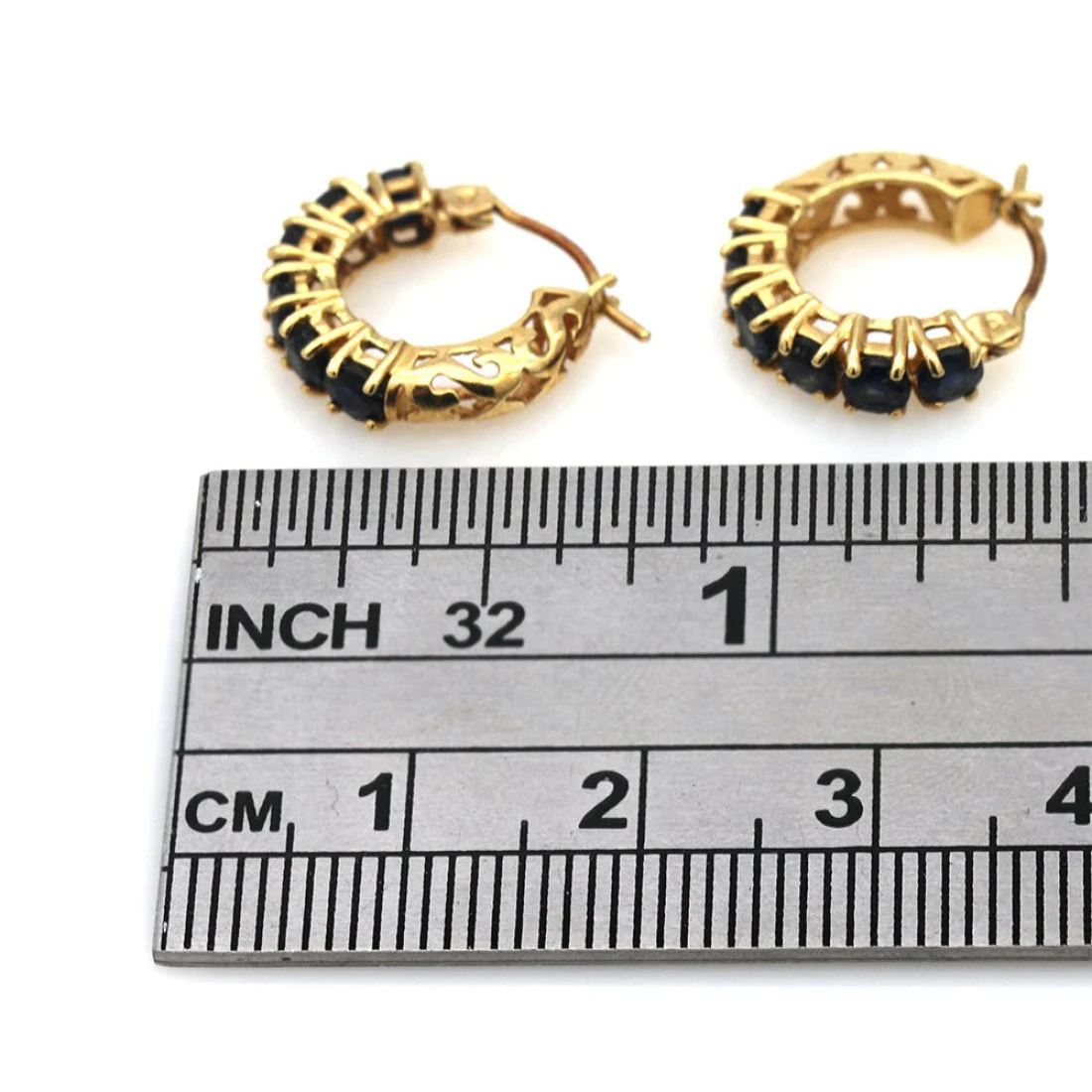 14K Yellow Gold Blue Sapphire Hoop Earrings - Image 3