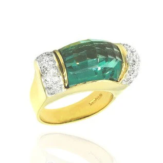 18K Yellow Gold Blue Topaz and Pave Diamond Ring