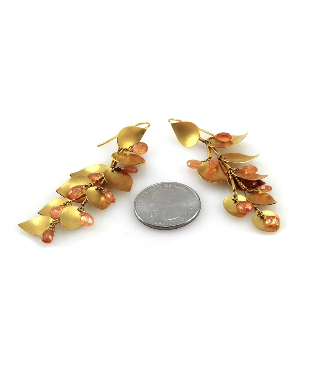 Briolette Golden Beryl Drop Earrings with Leaf Motif in 18K Yellow Gold - Image 3