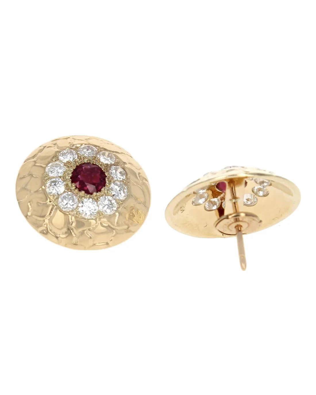 Burmese Ruby Diamond Halo Etched Dome Earrings - Image 2