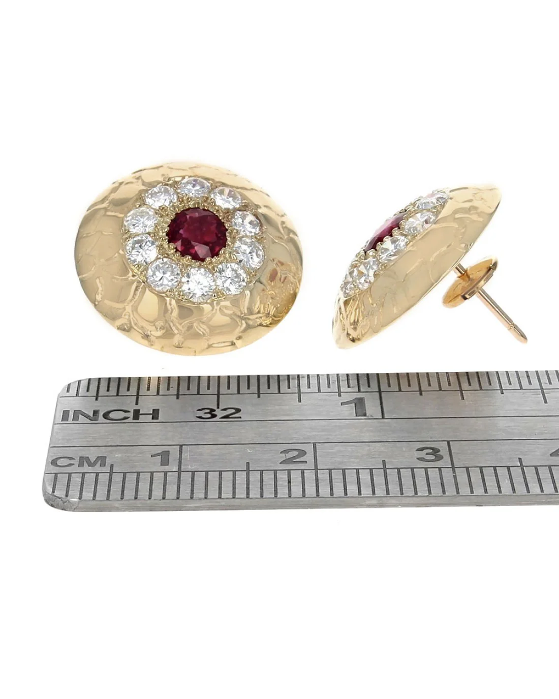 Burmese Ruby Diamond Halo Etched Dome Earrings - Image 3