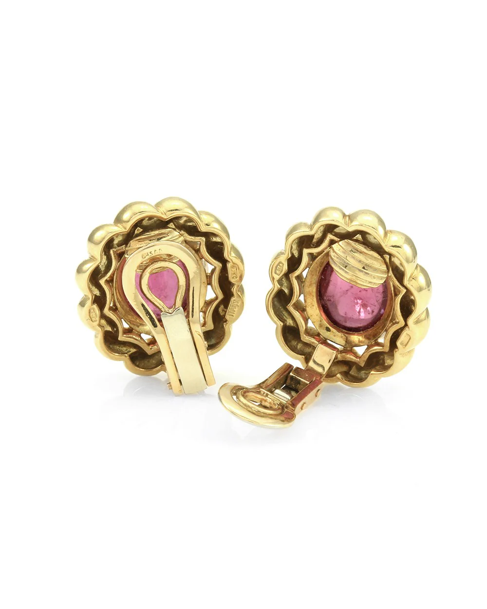 Cabochon Pink Tourmaline Button Earrings in 18K Yellow Gold - Image 2