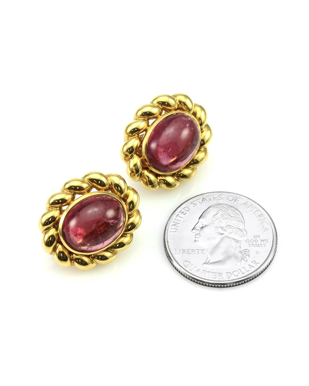 Cabochon Pink Tourmaline Button Earrings in 18K Yellow Gold - Image 3