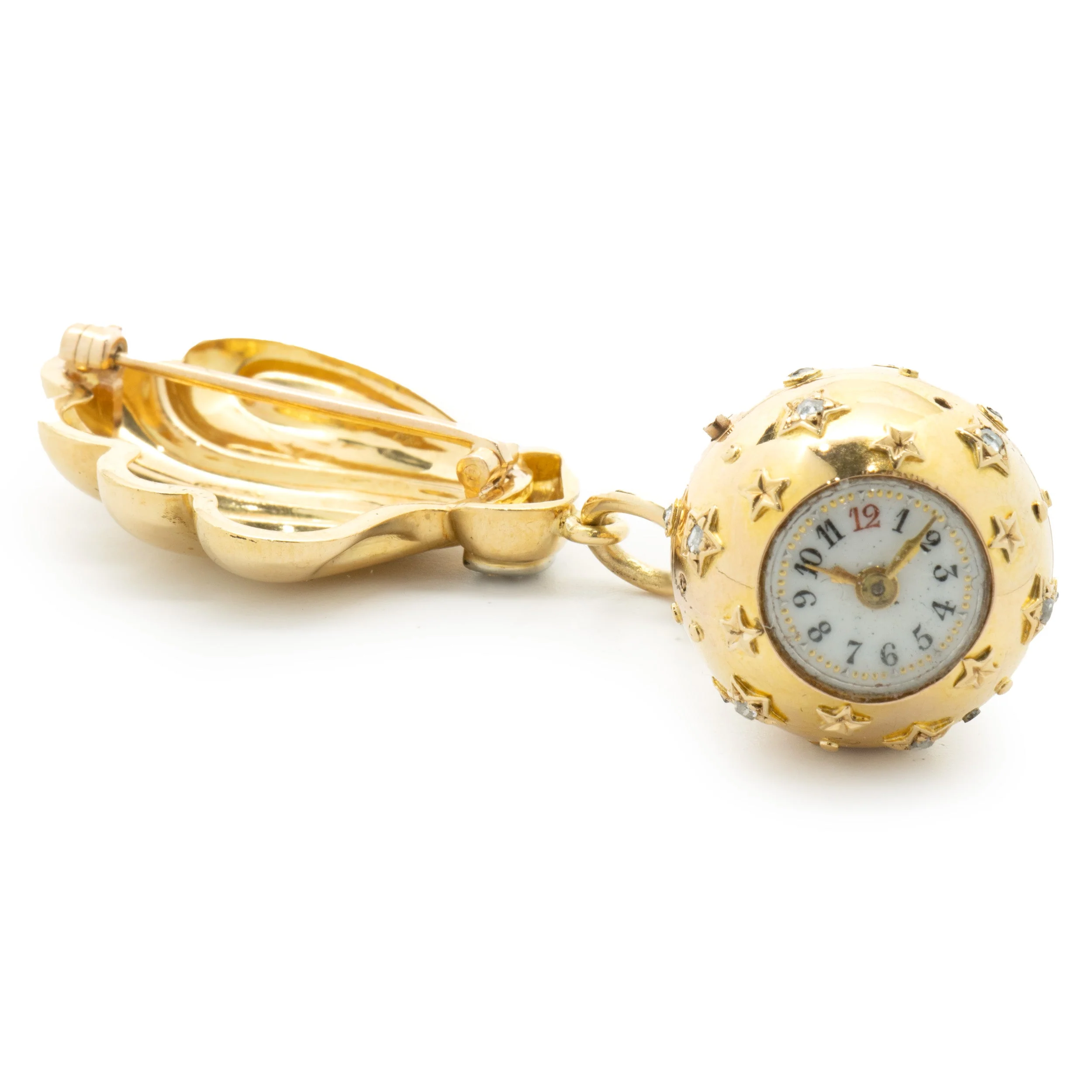 Carl Bucherer 18 Karat Yellow Gold Vintage Fan Pin with Ball Watch Drop - Image 2