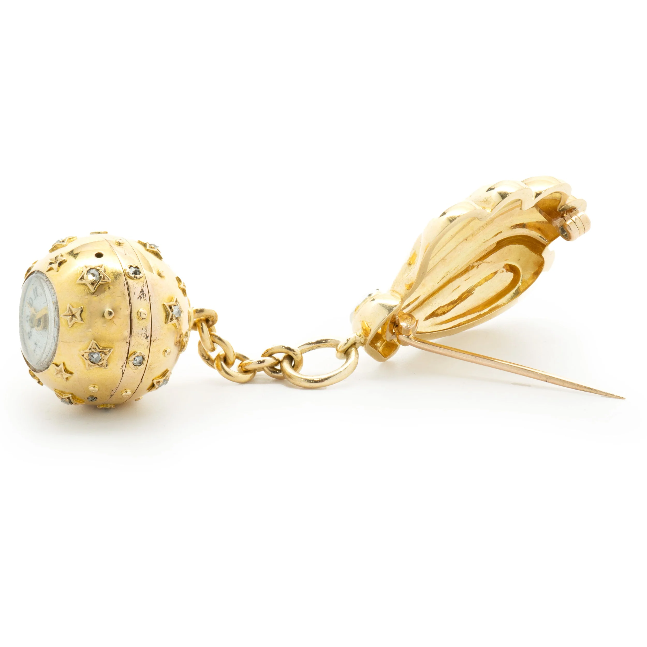 Carl Bucherer 18 Karat Yellow Gold Vintage Fan Pin with Ball Watch Drop - Image 4