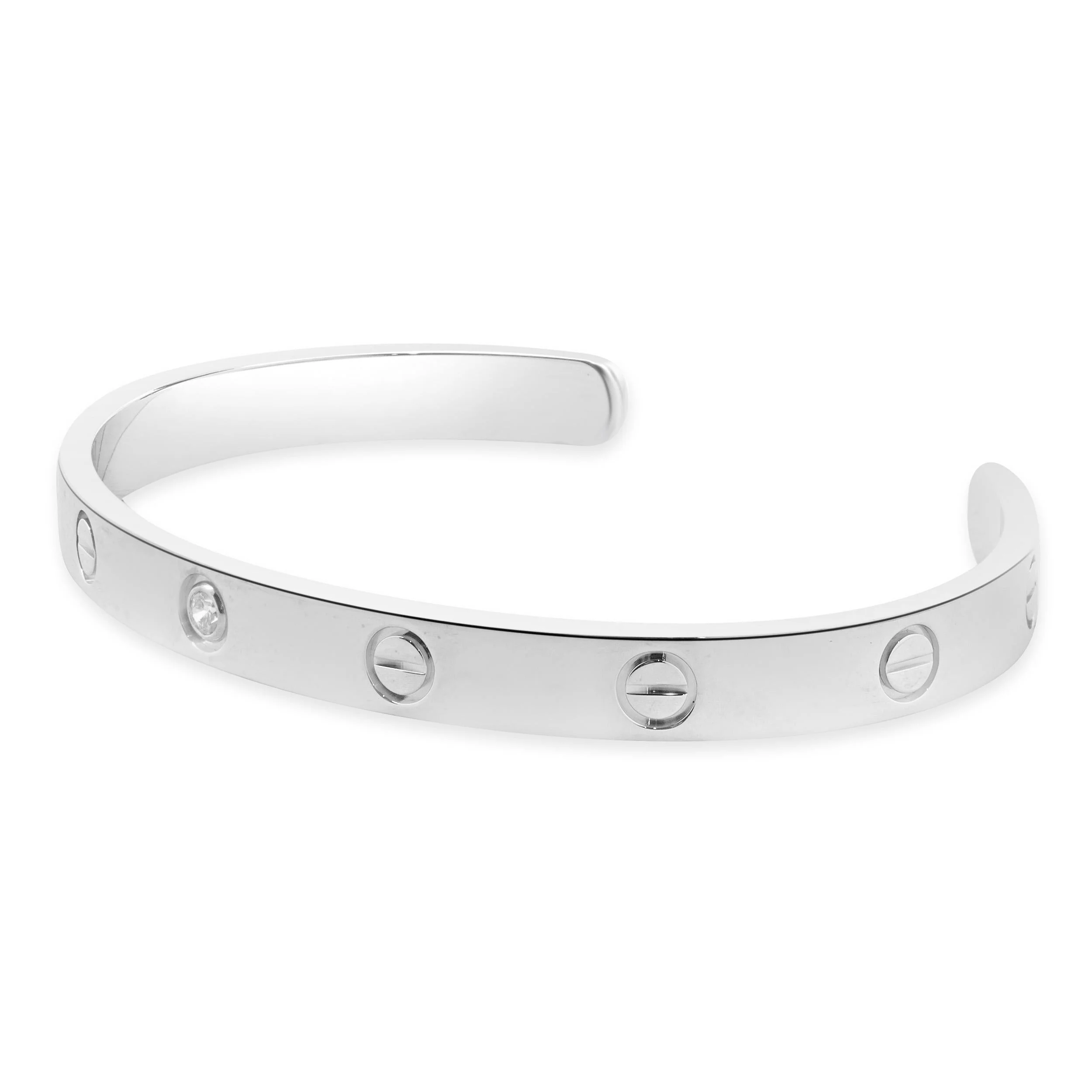 Cartier 18 Karat White Gold Love Cuff Bracelet 1 Diamond, Size 18 - Image 4