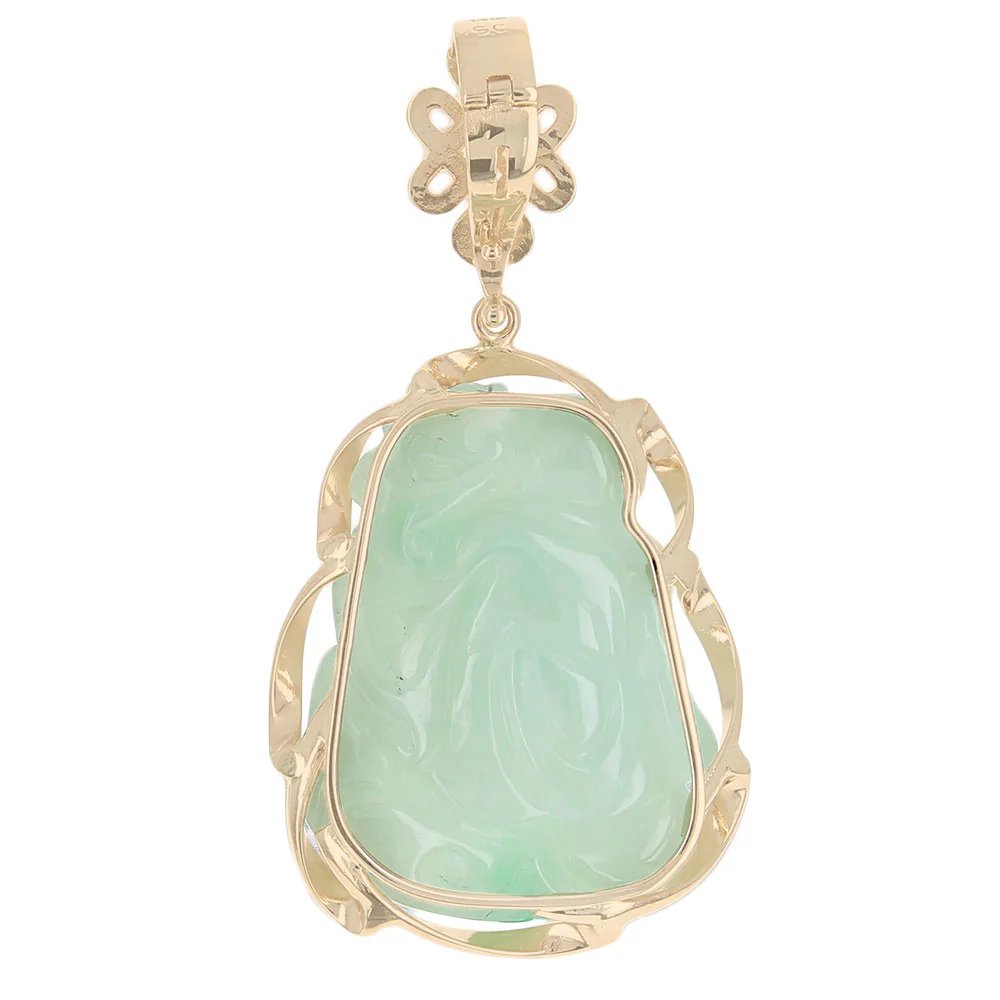 Carved Green Jadeite Laughing Buddha Enhancer Pendant in Yellow Gold - Image 2