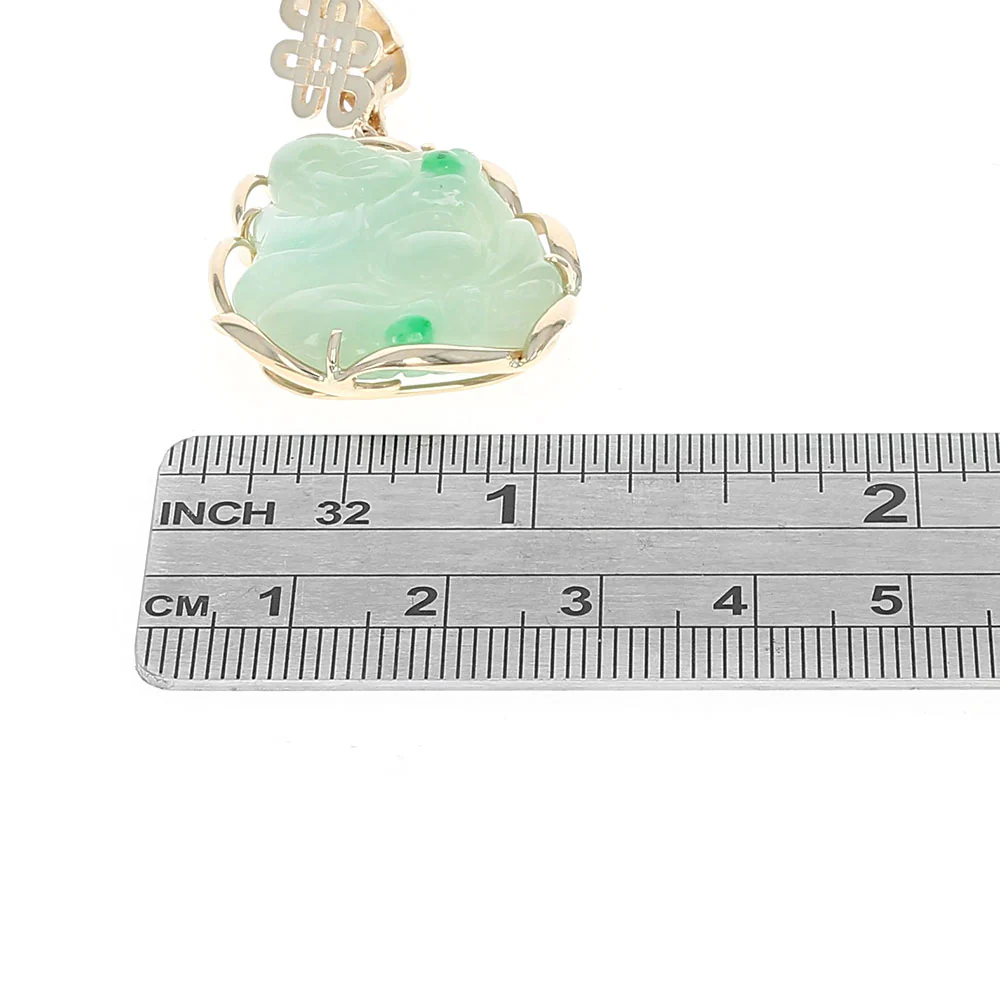 Carved Green Jadeite Laughing Buddha Enhancer Pendant in Yellow Gold - Image 3