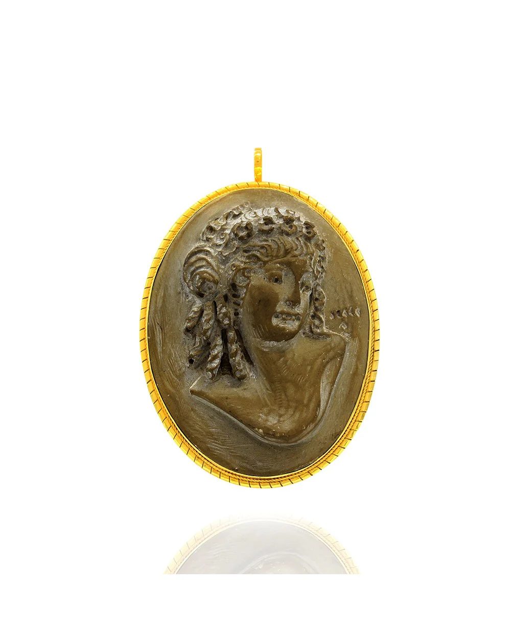 Carved Lava Cameo Brooch Pendant in Gold