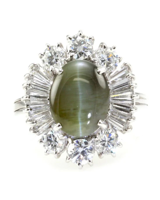 Cat's Eye Chrysoberyl Cabochon & Diamond Ballerina Ring in 18K White Gold - Image 2