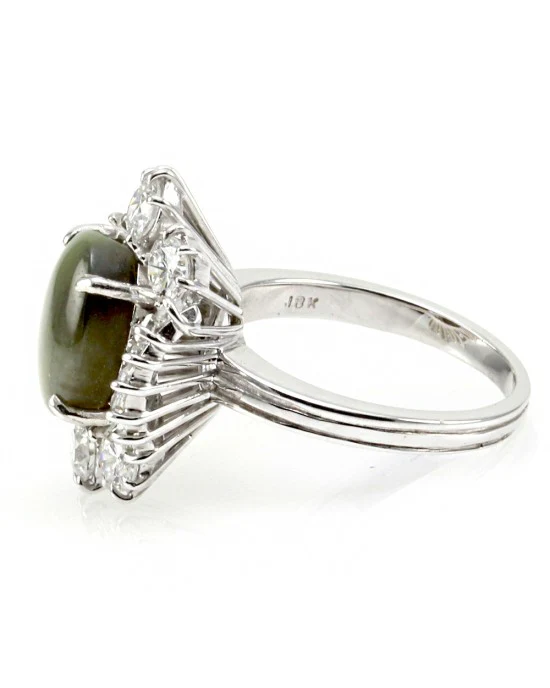 Cat's Eye Chrysoberyl Cabochon & Diamond Ballerina Ring in 18K White Gold - Image 4