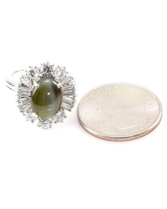 Cat's Eye Chrysoberyl Cabochon & Diamond Ballerina Ring in 18K White Gold - Image 6
