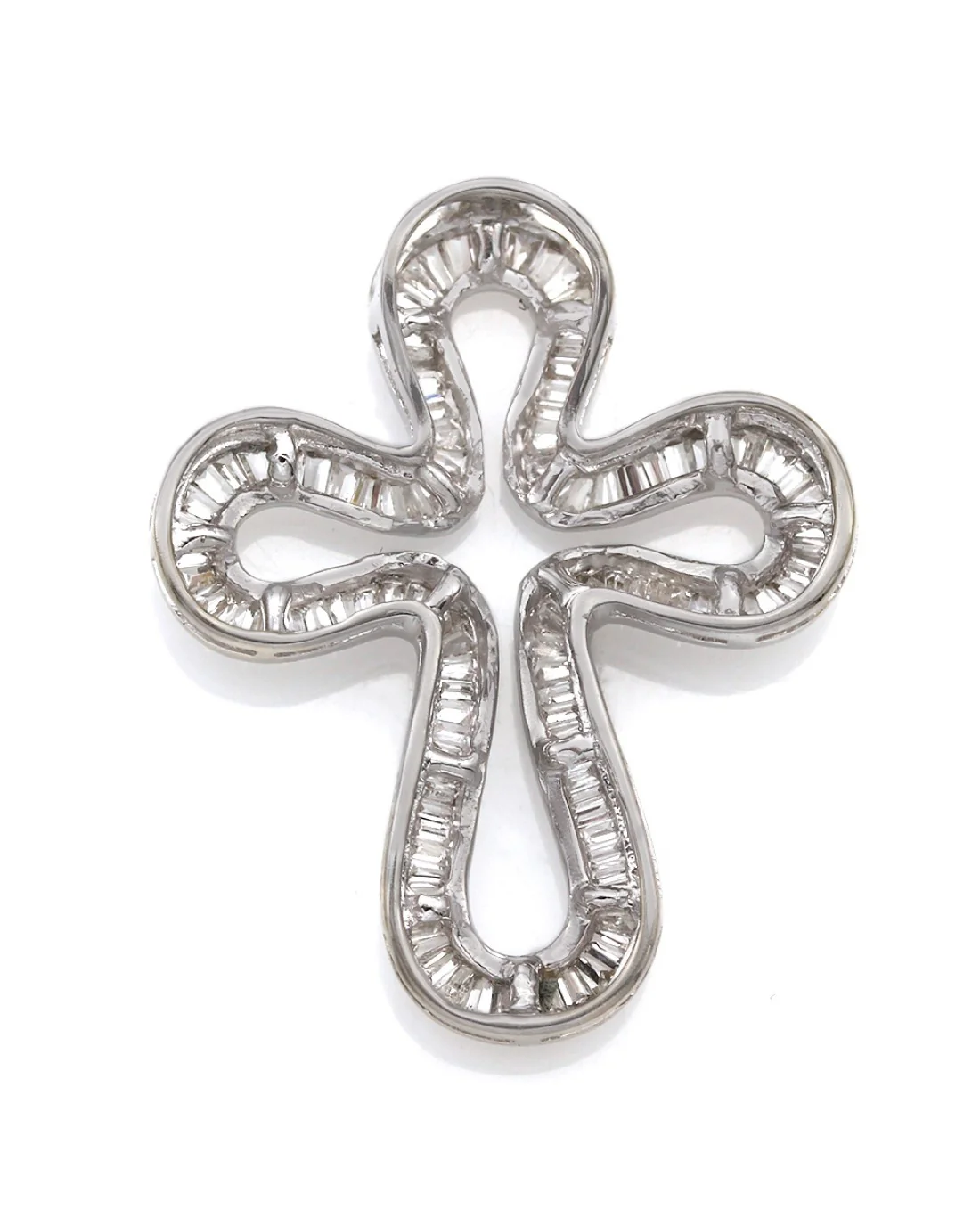 Channel Set Baguette Cross Pendant with Milgrain Accents in 18k White Gold - Image 2