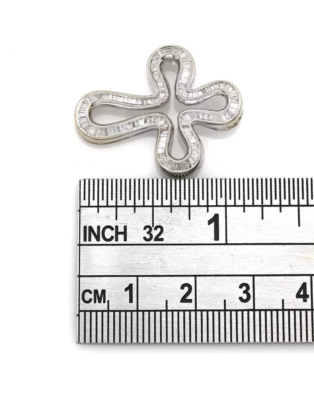 Channel Set Baguette Cross Pendant with Milgrain Accents in 18k White Gold - Image 3