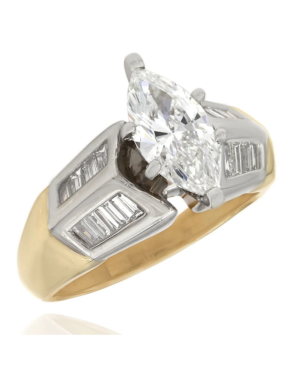 Channel Set Baguette Diamond Ring with 1.17ct Marquise Center Diamond in 18ktt