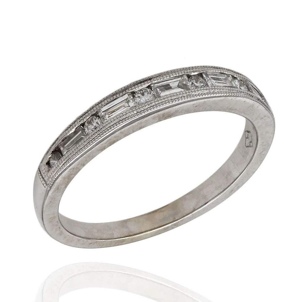 14K White Gold Channel Set Round & Baguette Diamond Wedding Band