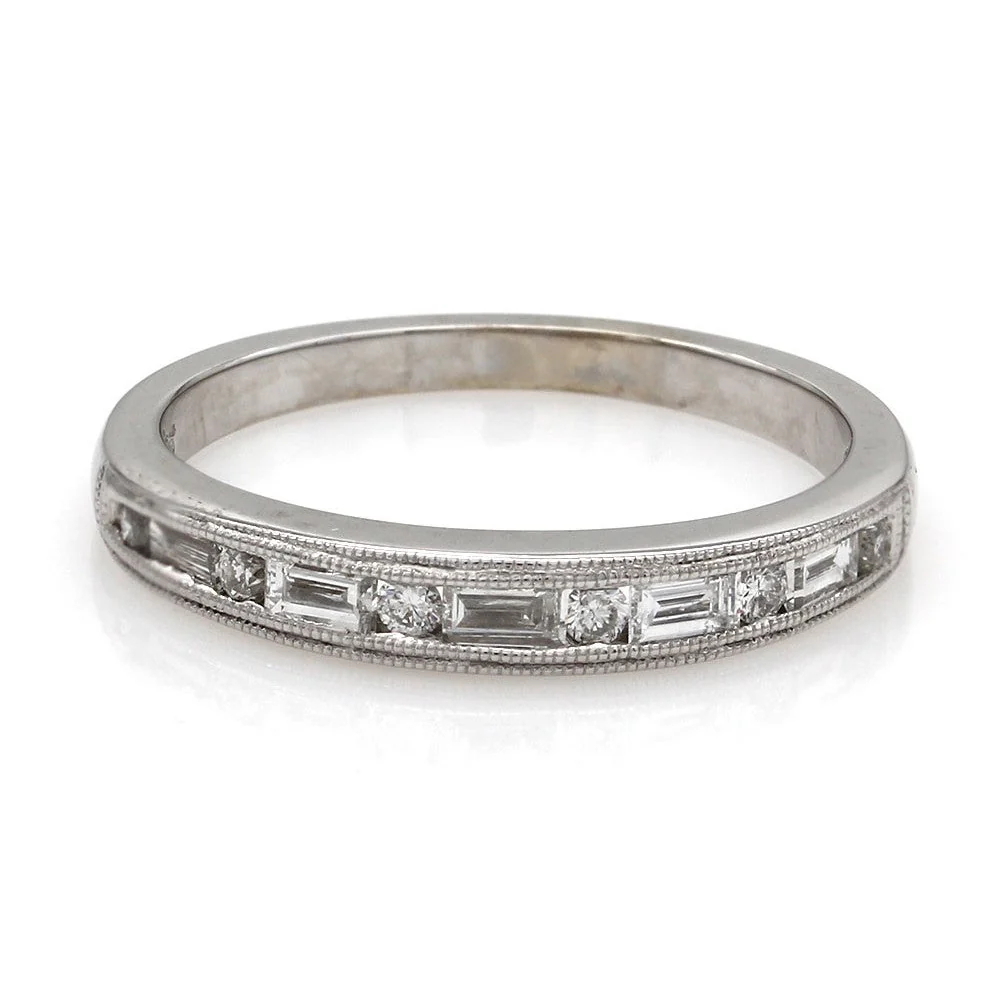 14K White Gold Channel Set Round & Baguette Diamond Wedding Band - Image 2