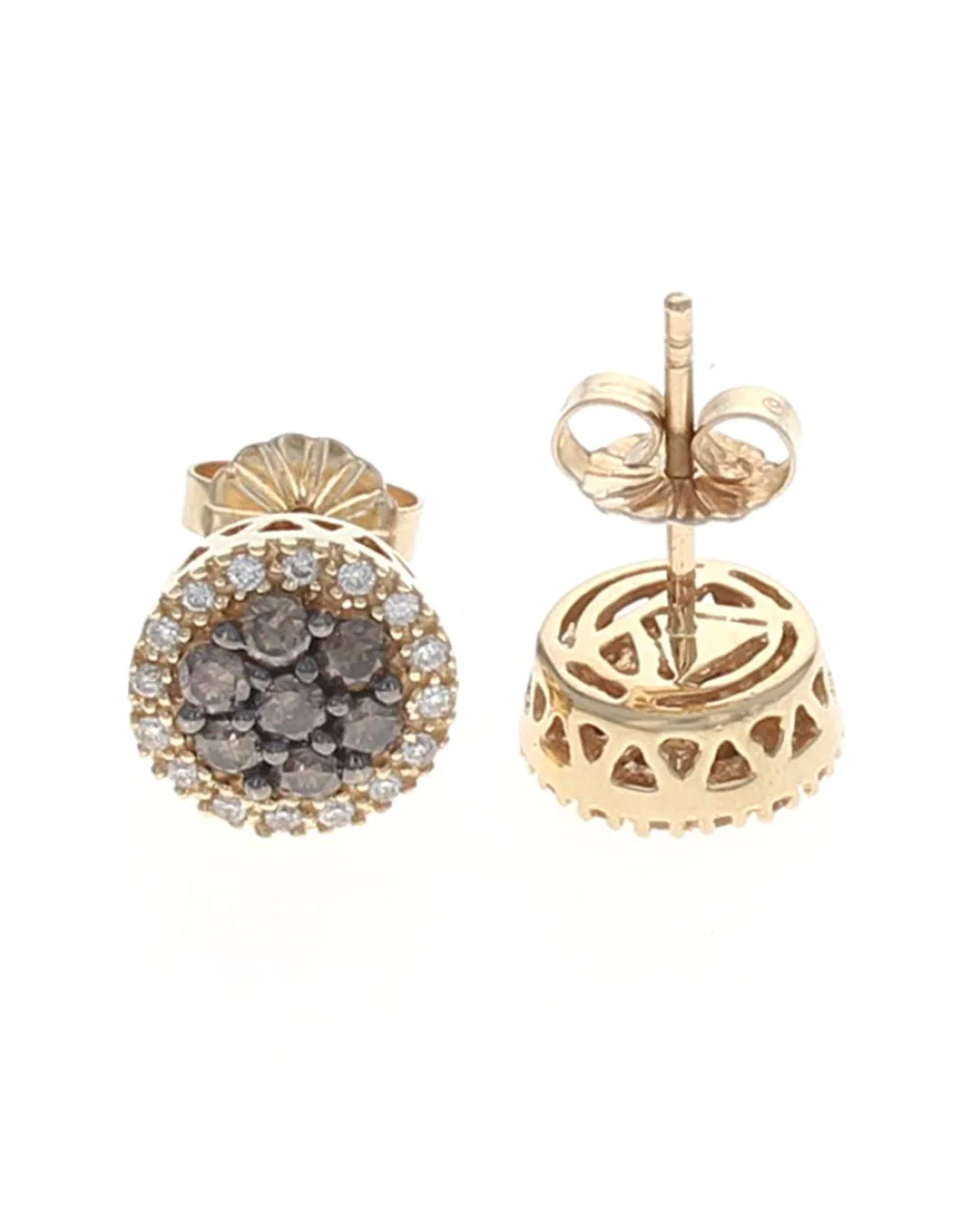 Chocolate and Vanilla Diamond Halo Stud Earrings in Yellow Gold - Image 2