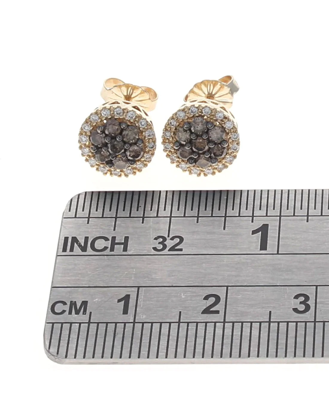 Chocolate and Vanilla Diamond Halo Stud Earrings in Yellow Gold - Image 3