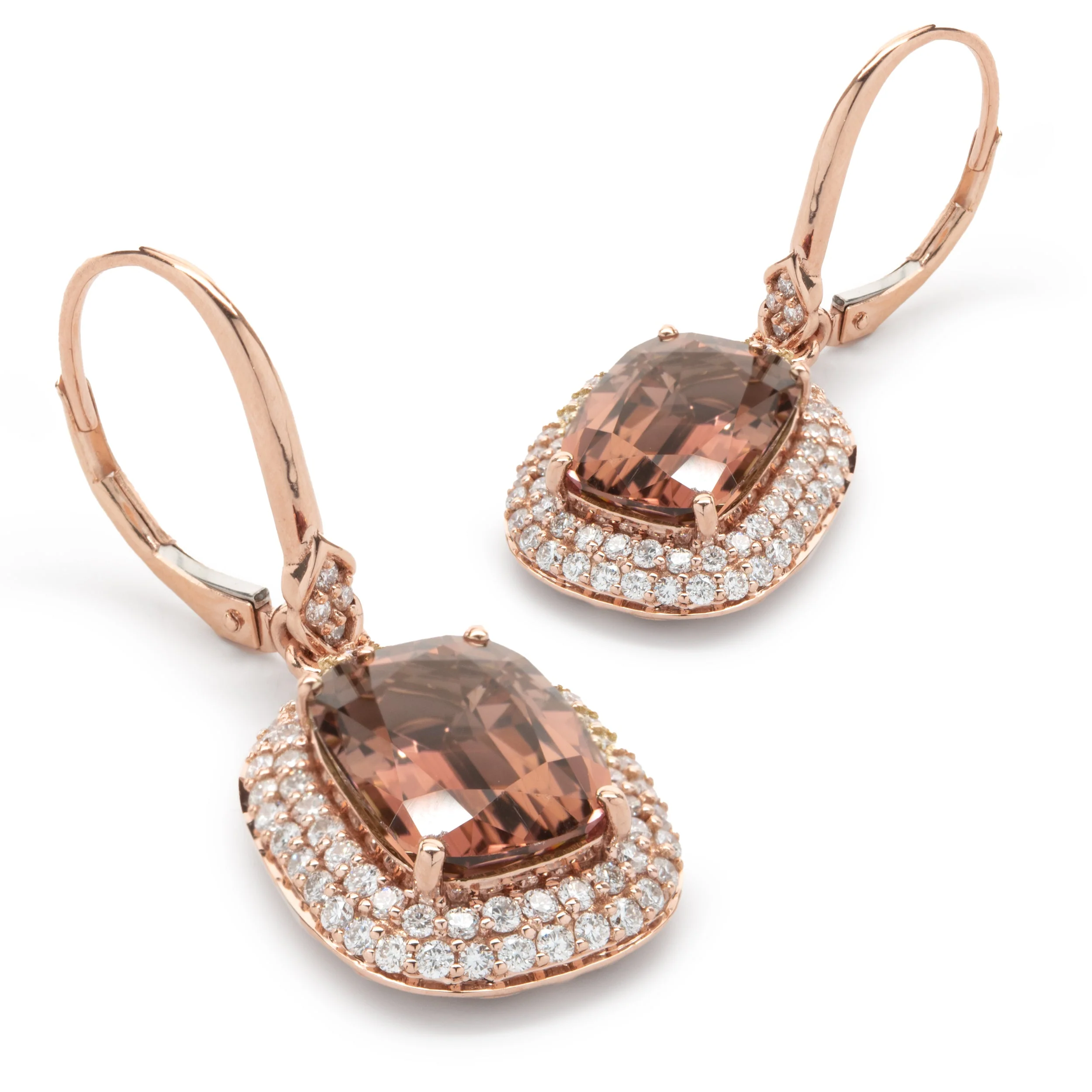 Chromia 18 Karat Rose Gold Salmon Tourmaline and Diamond Drop Earrings - Image 3