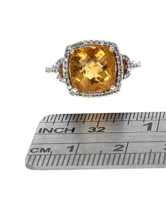 Citrine and Diamond Halo Filigree Ring in Yellow Gold - Image 3
