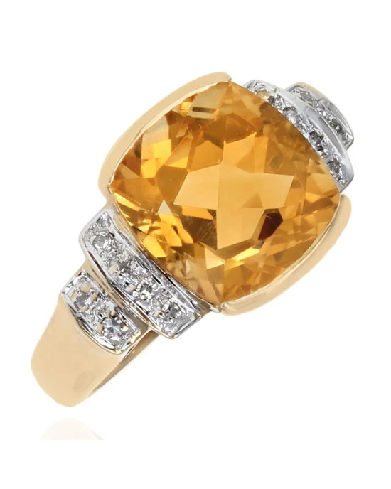 Citrine Cushion and Diamond Tapered Ring