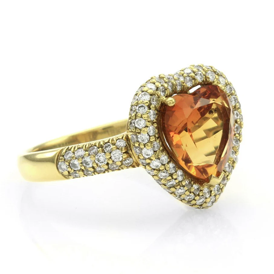 18K Yellow Gold Citrine & Pave Diamond Heart-Shaped Halo Ring