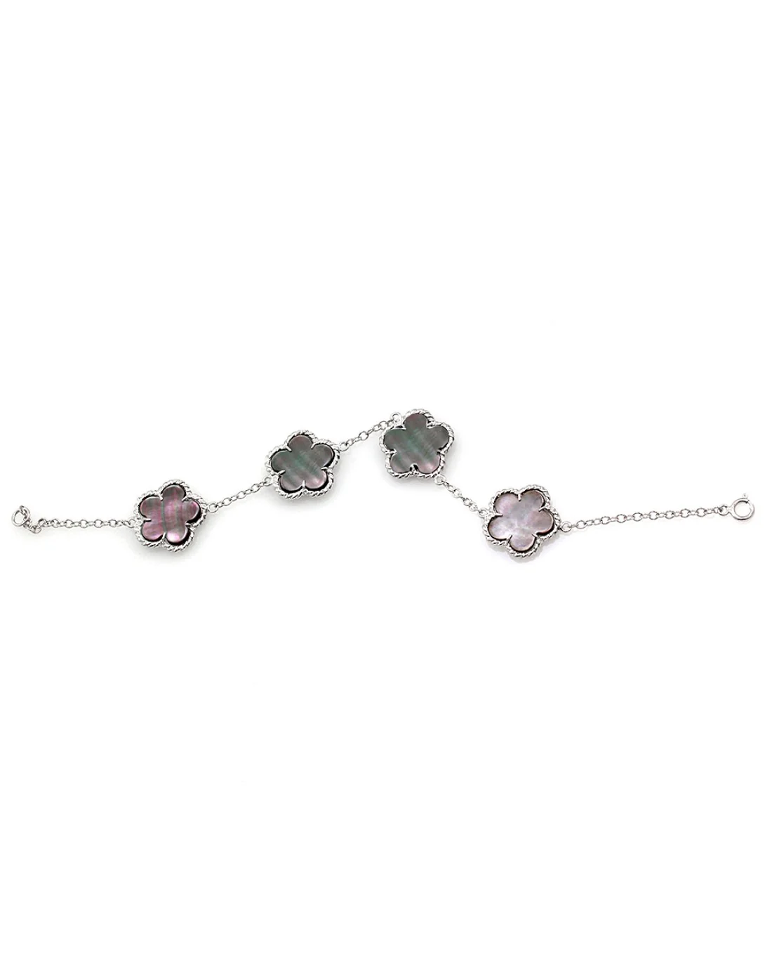 Clover Shaped Black Mother of Pearl Station Bracelet in 14K White Gold - Image 2