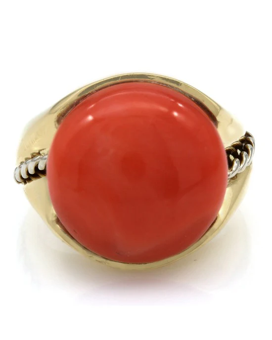 Coral Cabachon Ring with Rope Accent in Gold - Image 2