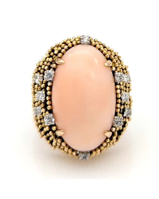 Coral Cabochon and Diamond Tapered Ring - Image 2