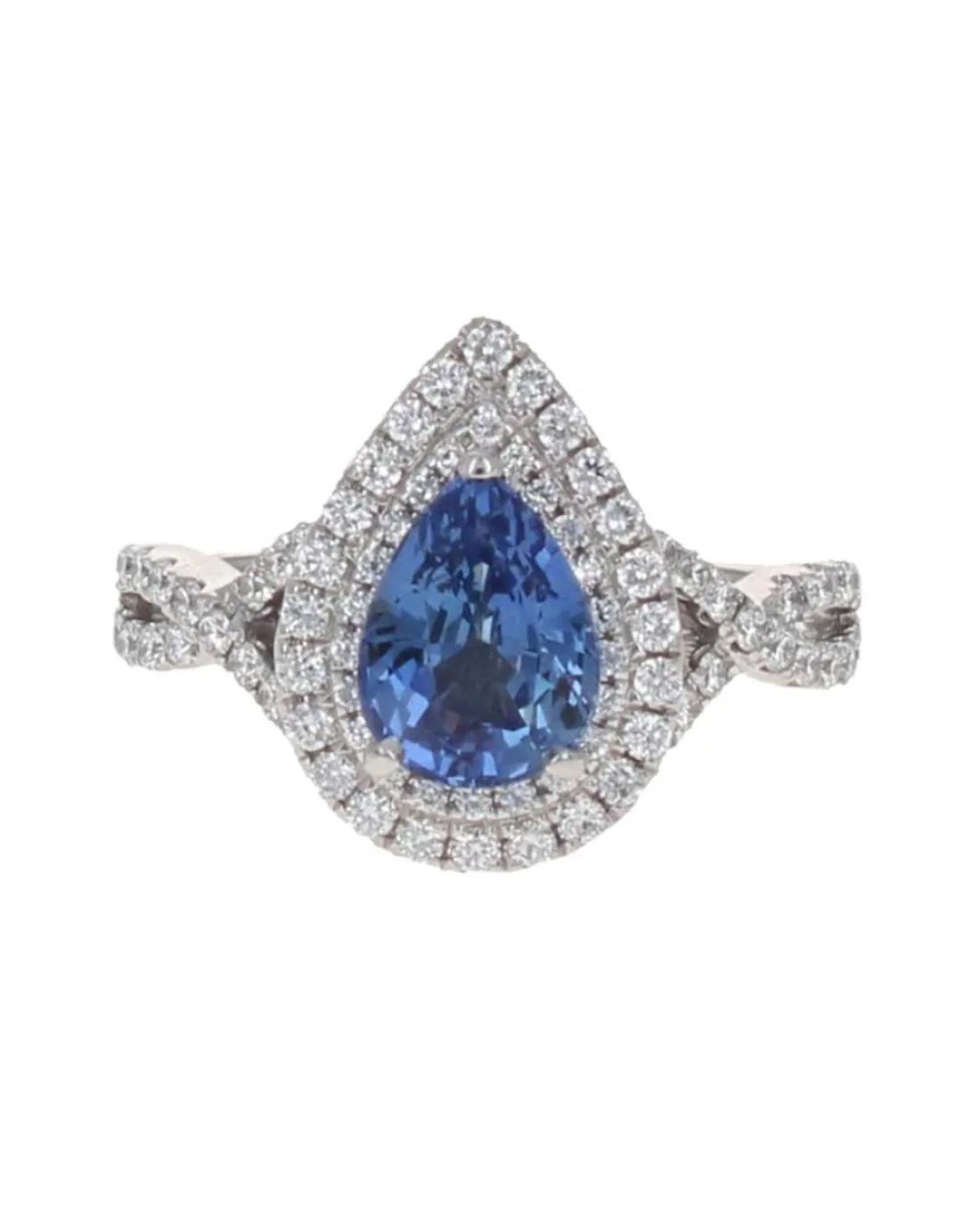 Blue Sapphire and Diamond Double Halo Crossover Ring in White Gold - Image 2