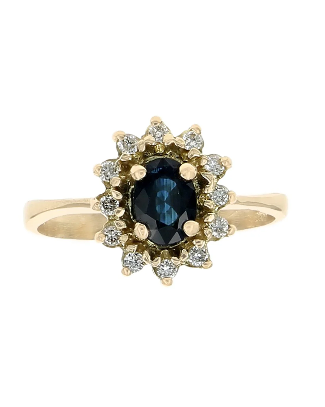 Dark Blue Australian Sapphire and Diamond Halo Ring in Yellow Gold - Image 2
