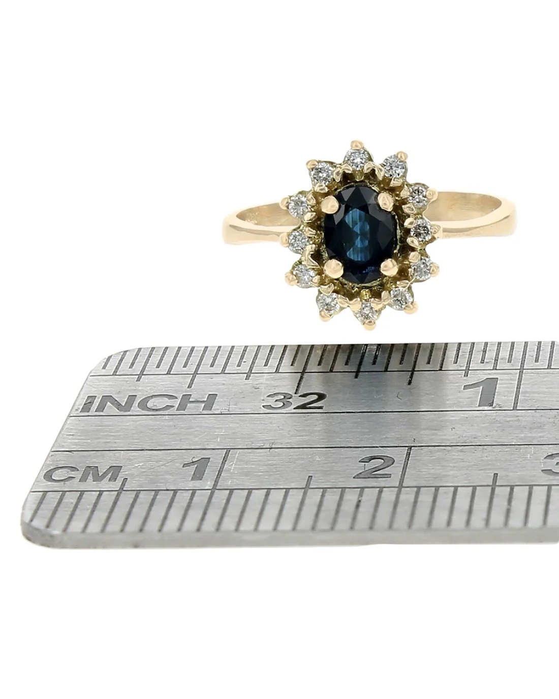 Dark Blue Australian Sapphire and Diamond Halo Ring in Yellow Gold - Image 3